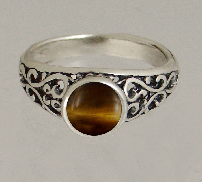 Sterling Silver Filigree Hearts Ring With Tiger Eye Size 9